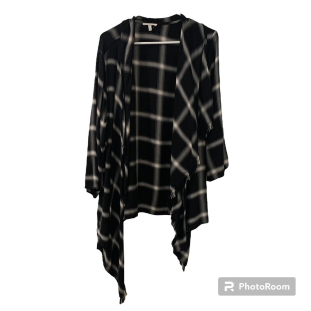 Maurices Blk Gray Plaid Roll Up Sleeve Fringe Hem Asymmetric Open Cardigan Sz XL